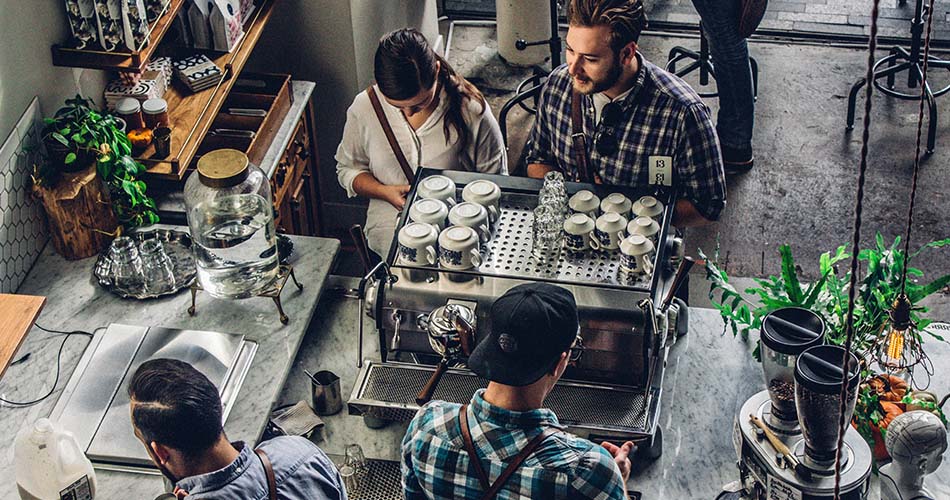 Local Coffee Shop Overhead Shot with customers and barista